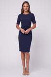 Sheath Black Round Neck Midi Work Dress with Belt
