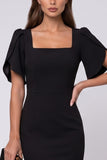 Black Square Neck Sheath Midi Work Dress