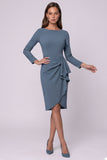 Purple Sheath Long Sleeve Ruffled Midi Work Dress