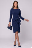 Purple Sheath Long Sleeve Ruffled Midi Work Dress
