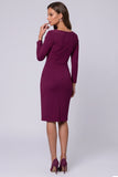Purple Sheath Long Sleeve Ruffled Midi Work Dress