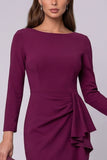 Purple Sheath Long Sleeve Ruffled Midi Work Dress