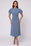 A-Line Royal Blue Midi Work Dress with Puff Sleeves
