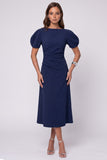 A-Line Royal Blue Midi Work Dress with Puff Sleeves