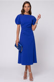 A-Line Royal Blue Midi Work Dress with Puff Sleeves