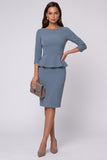 Ruffled Sheath Dusty Blue Midi Work Dress with 3/4 Sleeves