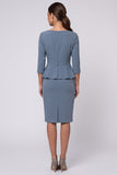 Ruffled Sheath Dusty Blue Midi Work Dress with 3/4 Sleeves