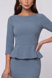 Ruffled Sheath Dusty Blue Midi Work Dress with 3/4 Sleeves