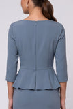 Ruffled Sheath Dusty Blue Midi Work Dress with 3/4 Sleeves