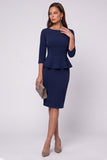 Ruffled Sheath Dusty Blue Midi Work Dress with 3/4 Sleeves