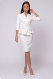 Sheath White Ruched Midi Work Dress with 3/4 Sleeves