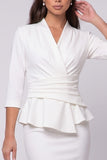 Sheath White Ruched Midi Work Dress with 3/4 Sleeves