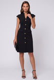 Black Single Breasted Sheath Midi Work Dress with Cap Sleeves
