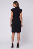 Black Single Breasted Sheath Midi Work Dress with Cap Sleeves