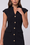 Black Single Breasted Sheath Midi Work Dress with Cap Sleeves