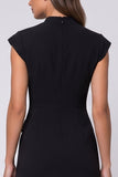 Black Single Breasted Sheath Midi Work Dress with Cap Sleeves