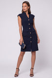 Black Single Breasted Sheath Midi Work Dress with Cap Sleeves