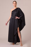 One Shoulder Floral Pink A Line Satin Maxi Formal Dress With Slit