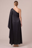 One Shoulder Floral Pink A Line Satin Maxi Formal Dress With Slit