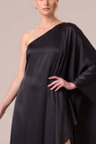 One Shoulder Floral Pink A Line Satin Maxi Formal Dress With Slit