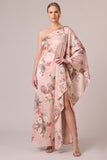 One Shoulder Floral Pink A Line Satin Maxi Formal Dress With Slit