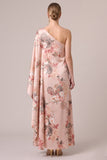 One Shoulder Floral Pink A Line Satin Maxi Formal Dress With Slit