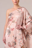 One Shoulder Floral Pink A Line Satin Maxi Formal Dress With Slit
