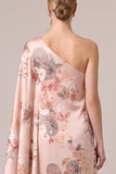 One Shoulder Floral Pink A Line Satin Maxi Formal Dress With Slit