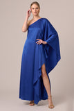 One Shoulder Floral Pink A Line Satin Maxi Formal Dress With Slit