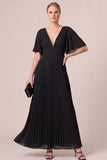 V-Neck A Line Pleated Chiffon Maxi Black Tie Dress