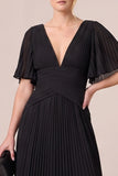 V-Neck A Line Pleated Chiffon Maxi Black Tie Dress