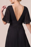 V-Neck A Line Pleated Chiffon Maxi Black Tie Dress