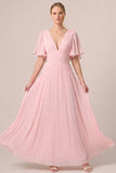V-Neck A Line Pleated Chiffon Maxi Black Tie Dress