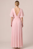 V-Neck A Line Pleated Chiffon Maxi Black Tie Dress