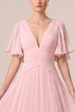 V-Neck A Line Pleated Chiffon Maxi Black Tie Dress