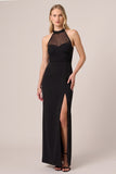 Halter Sheath Sheer Maxi Black Tie Dress With Slit