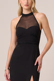 Halter Sheath Sheer Maxi Black Tie Dress With Slit