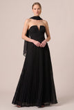 Strapless A Line Pleated Chiffon Maxi Black Tie Dress