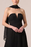 Strapless A Line Pleated Chiffon Maxi Black Tie Dress