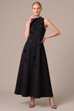 A Line High Neck Maxi Black Tie Dress With 3D Flowers