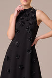 A Line High Neck Maxi Black Tie Dress With 3D Flowers