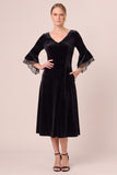 Dark Green A Line 3/4 Sleeve Midi Velvet Dress