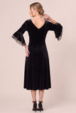 Dark Green A Line 3/4 Sleeve Midi Velvet Dress