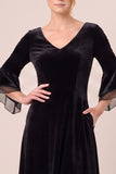 Dark Green A Line 3/4 Sleeve Midi Velvet Dress