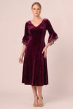 Dark Green A Line 3/4 Sleeve Midi Velvet Dress
