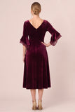 Dark Green A Line 3/4 Sleeve Midi Velvet Dress