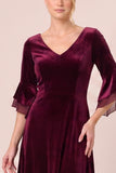 Dark Green A Line 3/4 Sleeve Midi Velvet Dress