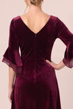 Dark Green A Line 3/4 Sleeve Midi Velvet Dress