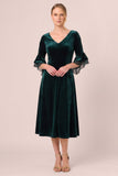Dark Green A Line 3/4 Sleeve Midi Velvet Dress