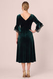 Dark Green A Line 3/4 Sleeve Midi Velvet Dress